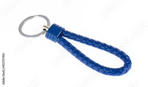 Blue Leather Rope Keychain isolated on white background.