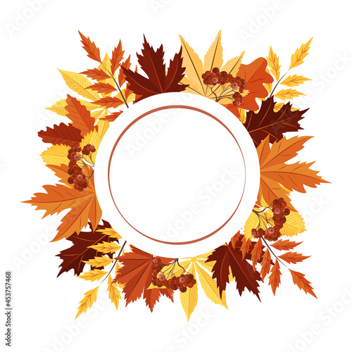 A round frame made of autumn leaves. An empty space for the text. Postcard. A design element. Vector.