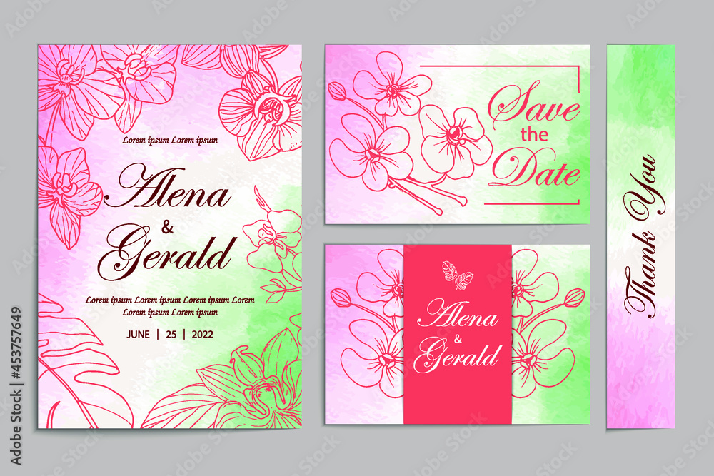 Line art floral set wedding invitation card