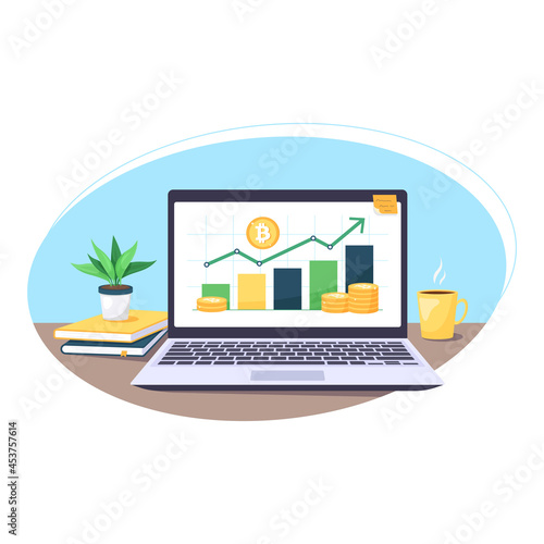 bitcoin price growth graph concept. Vector stock illustration of bitcoin. Bitcoin price growth graph on a laptop. Cryptocurrency vector. Workplace with computer, books and coffee vector illustration
