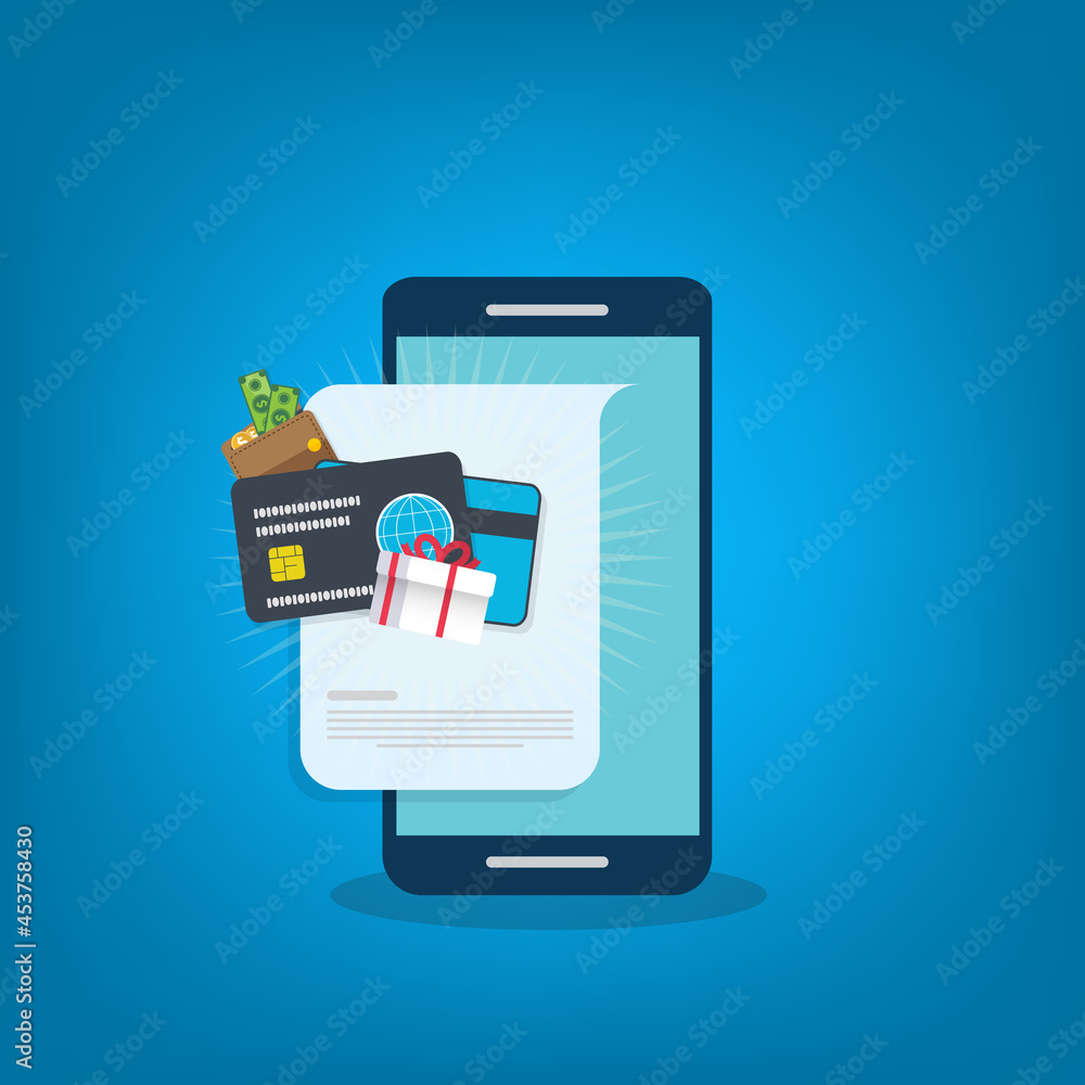 Smart phone notification with gift box, money, present and cash. Online award or bonus achievement as giveaway.	