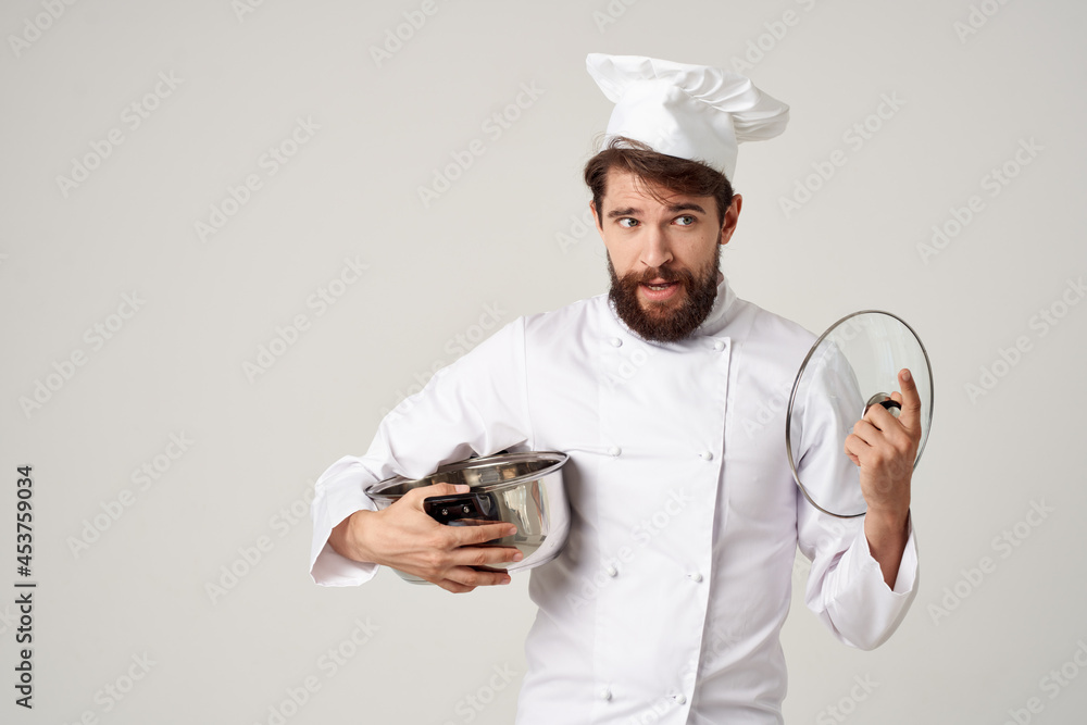 male chef pot in hands work service cooking male chef pot in hands work service cooking