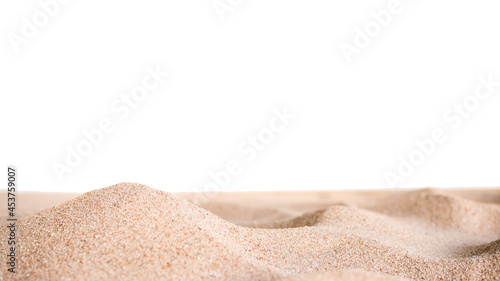 Pile desert sand isolated on white background. dry dunes wave surface beach light yellow nature outdoor at coast shore of sea. for tropical summer travel holidays or environmental protection concept.