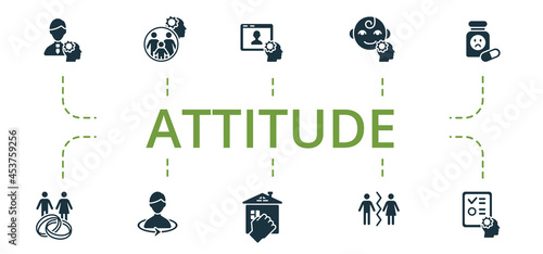 Attitude icon set. Contains editable icons theme such as online psychologist, antidepressants, domestic violence and more.