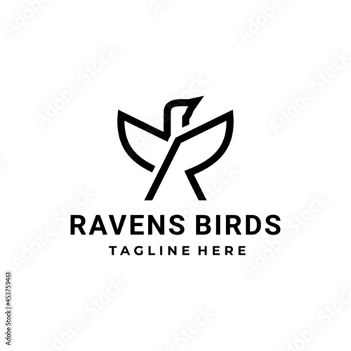 Ravens bird combination And letter R with in white background, vector logo design flat minimalist