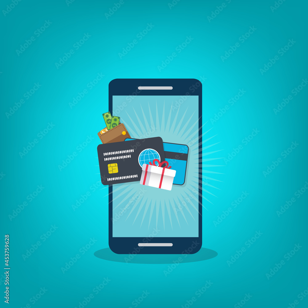 Smart phone notification with gift box, money, present and cash. Online award or bonus achievement as giveaway. Smart phone notification with gift box, money, present and cash. Online award or bonus achievement as giveaway.