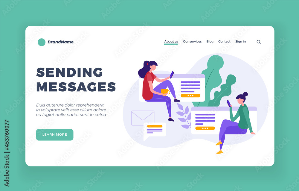 Sending online messages. Social web communication at work and with friends. Mobile chats and apps for text and video. Voice notifications and digital dialogues. Vector home page flat banner