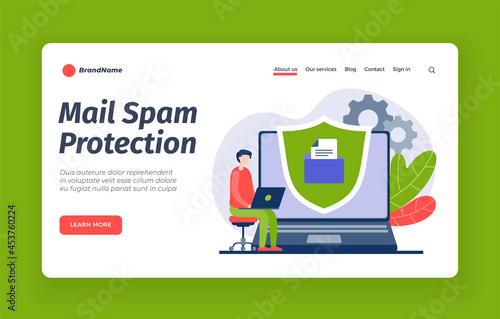 Protection from web mail spam. Blocking unwanted advertising mailings. Antivirus applications with user alert about threat. Secure online correspondence with data. Vector home page flat banner