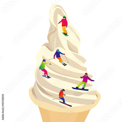 Illustration of skiers and snowboarders skiing in the snowy mountains of soft serve ice cream (white background, vector, cut out)