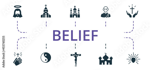 Belief icon set. Contains editable icons theme such as crucifixion, mosque, monk and more.