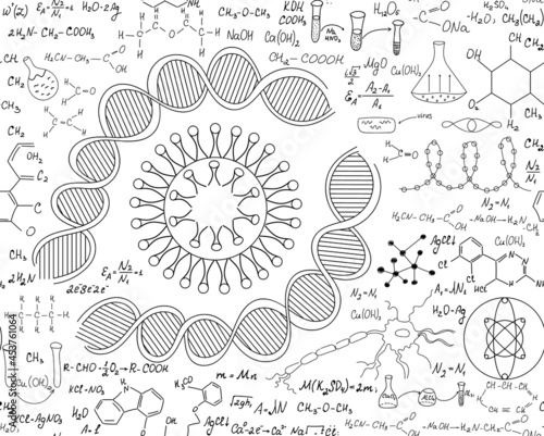 Scientific chemistry vector seamless pattern with handwritten formulas, dna strands and viruses