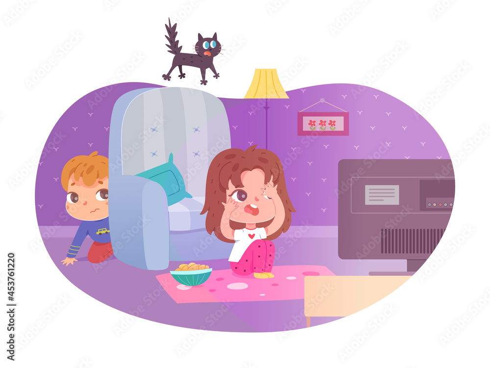 Kids watching scary movie on tv at home. Little boy and girl watch film on television, sitting on floor scared and hiding vector illustration. Leisure and entertainment in childhood Kids watching scary movie on tv at home. Little boy and girl watch film on television, sitting on floor scared and hiding vector illustration. Leisure and entertainment in childhood