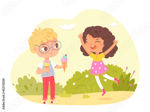 Cute kids eat sweet food, two friends in park, boy holding ice cream to share with girl