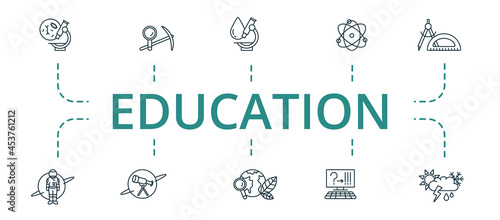Education icon set. Contains editable icons theme such as archeology, quantum physics, meteorology and more.