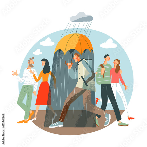Sad lonely guy walking alone, happy couples walking nearby. Young man depressed outdoor under rain vector illustration. Unhappy upset person in group of people. Loneliness and despair