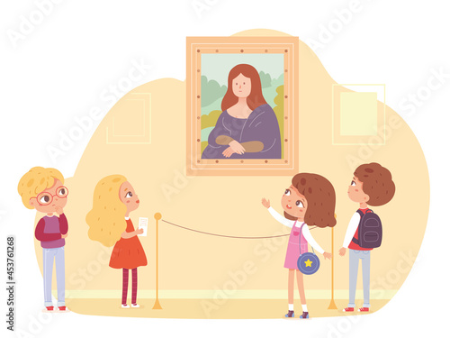 Children in art museum. Kids looking at painting with portrait in frame on wall vector illustration. School excursion scene with boys and girls.