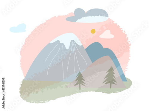 Mountain cute landscape scene, nature with mountains, pine trees, meadow green grass