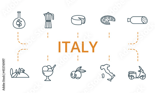 Italy icon set. Contains editable icons italy theme such as parmesan, olives, gelato bowl and more.