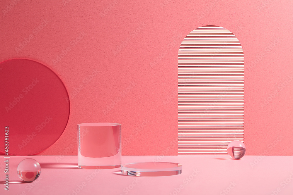 Minimal interior with glasspodium. Arch and circle podium in the pink background. Platform for cosmetic or fashion product presentation. 