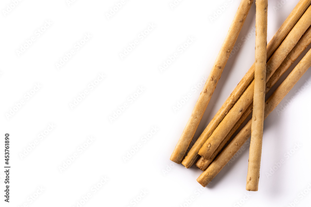 Obraz premium Breadstick grissini snack isolated on white background. Copy space