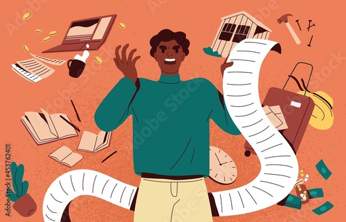 Multitasking concept. Angry busy person in stress with many tasks. Man overloaded with lot of businesses. Unhappy human burden with multiple plans, problems and liabilities. Flat vector illustration