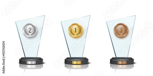 Award glass trophy, realistic crystal prizes with blank golden, silver and bronze badges