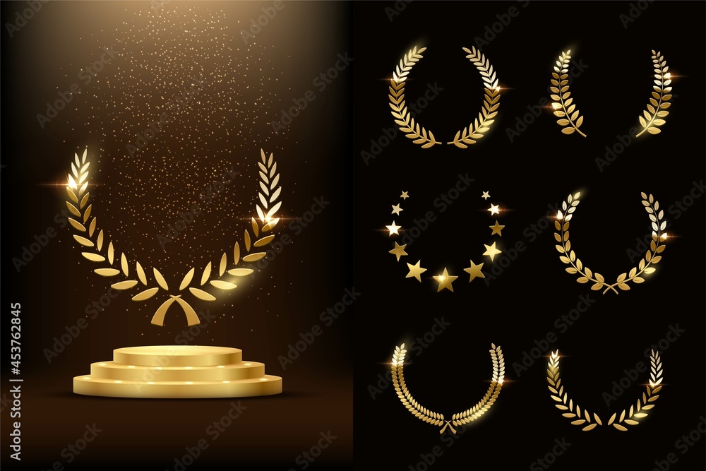 Golden podium with laurels and stars glowing. Gold stage with glitter and light smoke on dark background set. Hollywood fame in film and cinema or championship in sport vector illustration - obrazy, fototapety, plakaty 