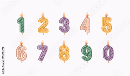 Numbered birthday candles set for 1, 2, 3, 4, 5, 6, 7, 8, 9 ages and year anniversaries celebration. Decorative wax candlelights with flames. Flat vector illustration isolated on white background photo