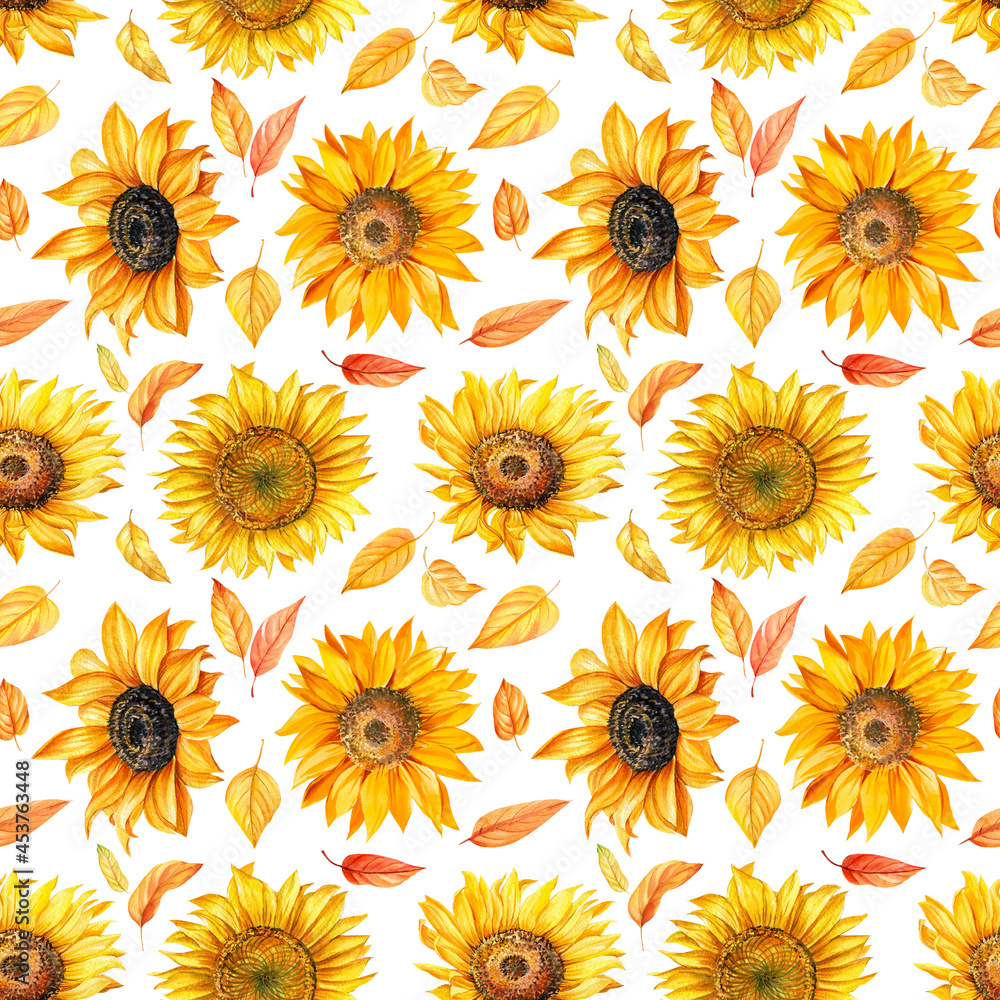 Seamless pattern of sunflowers, autumn background. Watercolor illustration Seamless pattern of sunflowers, autumn background. Watercolor illustration