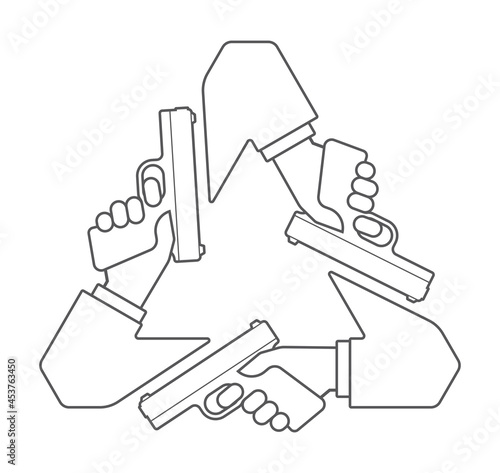 Vector line recycling triangle. Symbol of hands holding a gun. Isolated on white background.