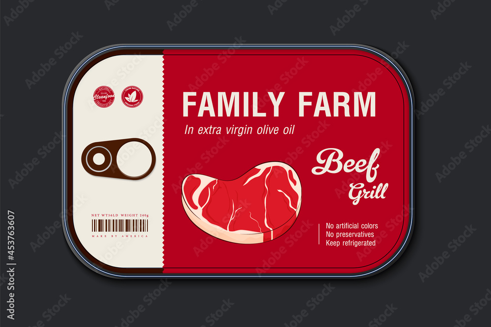 Canned meat packaging of beef, pork. Set of supermarket meat package isolated. Beef and pork