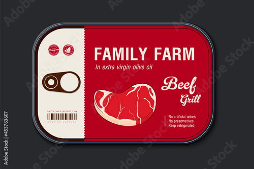 Canned meat packaging of beef, pork. Set of supermarket meat package isolated. Beef and pork steak