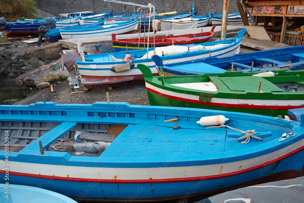 Boats in the little port of Aci Trezza, Sicily, Italy