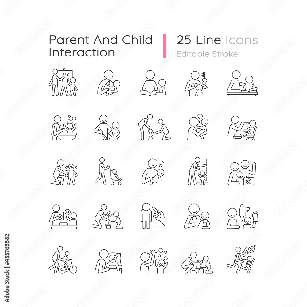 Parent and child interaction linear icons set. Building emotional closeness. Bonding activity. Customizable thin line contour symbols. Isolated vector outline illustrations. Editable stroke