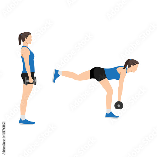 Woman doing single leg db deadlifts flat vector illustration isolated on white background