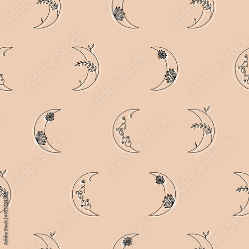 Moon with flowers in linear style pattern in hand drawn style. Vector stock illustration