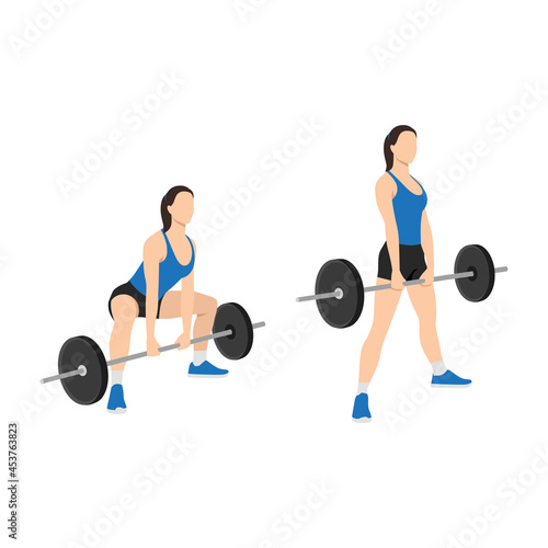 Woman doing Sumo Barbell deadlifts exercise. Flat vector illustration isolated on white background photo