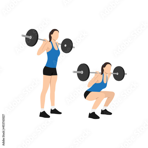 Woman doing Squat with barbell exercise. Flat vector illustration isolated on white background