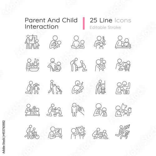 Parent and child interaction linear icons set. Building emotional closeness. Bonding activity. Customizable thin line contour symbols. Isolated vector outline illustrations. Editable stroke