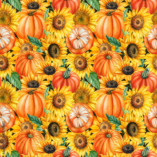 Wallpaper Mural Seamless pattern of pumpkins and sunflowers, autumn background, watercolor drawings Torontodigital.ca
