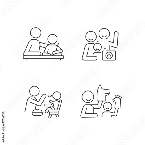 Effective parenting style linear icons set. Helping with homework. Family portrait. Feeding in highchair. Customizable thin line contour symbols. Isolated vector outline illustrations. Editable stroke