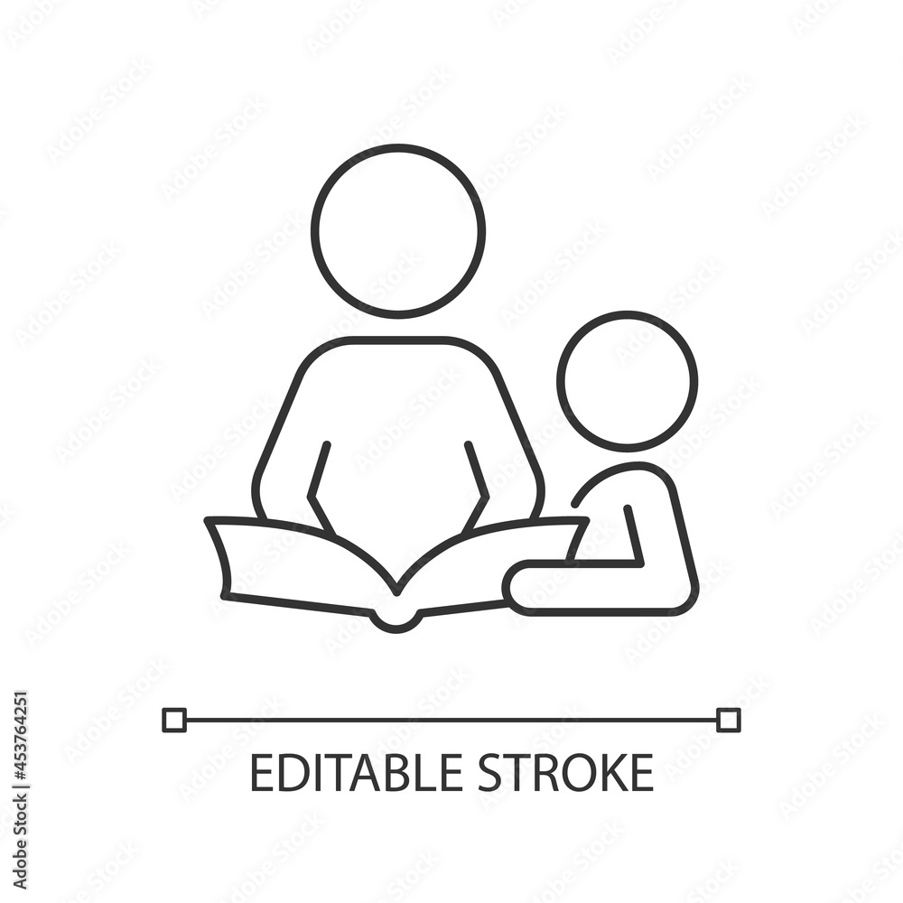 Reading book with child linear icon. Spending time together. Cognitive development. Thin line customizable illustration. Contour symbol. Vector isolated outline drawing. Editable stroke