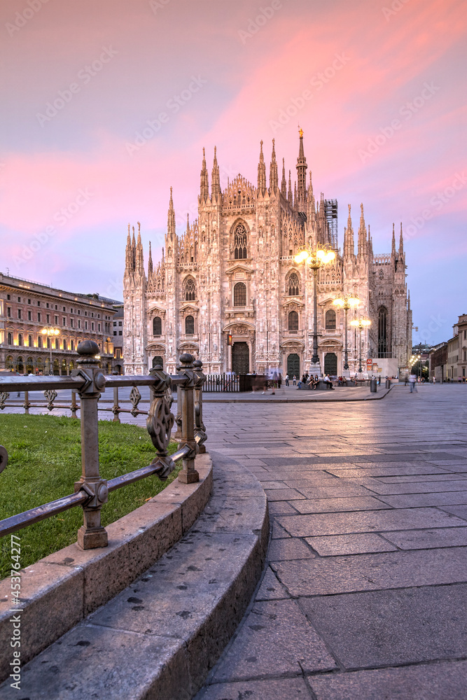 Piazza Duomo and the Cathedral at sunset, Milan, Italy