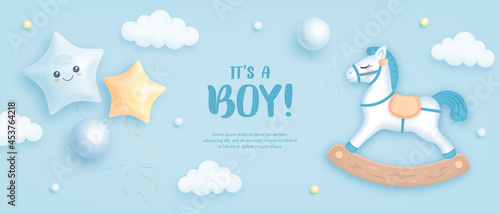 Baby shower horizontal banner with cartoon horse and helium balloons on blue background. It's a boy. Vector illustration