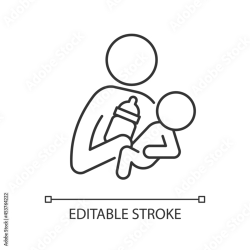 Bottle feeding linear icon. Skin-to-skin contact. Create emotional closeness. Mother-newborn bond. Thin line customizable illustration. Contour symbol. Vector isolated outline drawing. Editable stroke