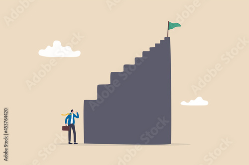 First step is hardest, learning curve or overcome difficulty when start new business, challenge to succeed in work concept, discouraged businessman looking at high steep first step of success stairway