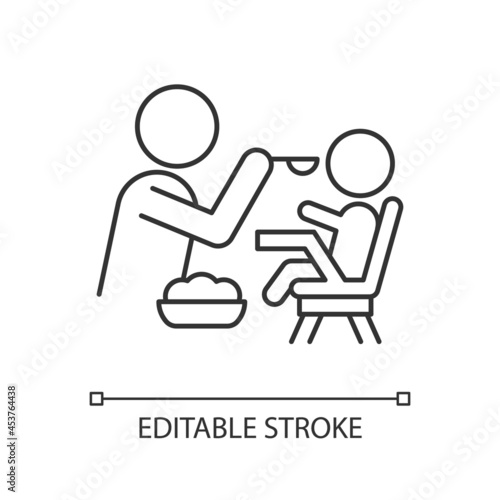 Feeding in highchair linear icon. Helping baby eating. Bonding with child during mealtime. Thin line customizable illustration. Contour symbol. Vector isolated outline drawing. Editable stroke