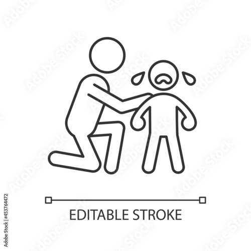Comforting crying child linear icon. Cuddling and softly talking to kid. Show empathy. Thin line customizable illustration. Contour symbol. Vector isolated outline drawing. Editable stroke