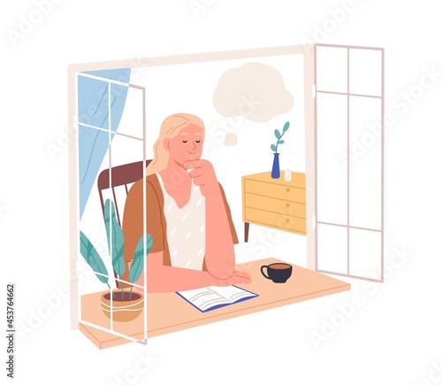 Relaxed happy person dreaming, imagining smth after reading book. Woman resting by window at home and thinking, fantasizing. Female in thoughts. Flat vector illustration isolated on white background