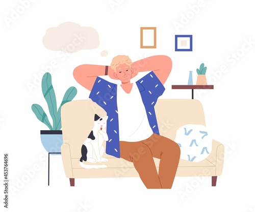 Relaxed person imagining and dreaming of smth pleasant. Happy man with closed eyes resting at home, thinking and fantasizing. Guy in his thoughts. Flat vector illustration isolated on white background